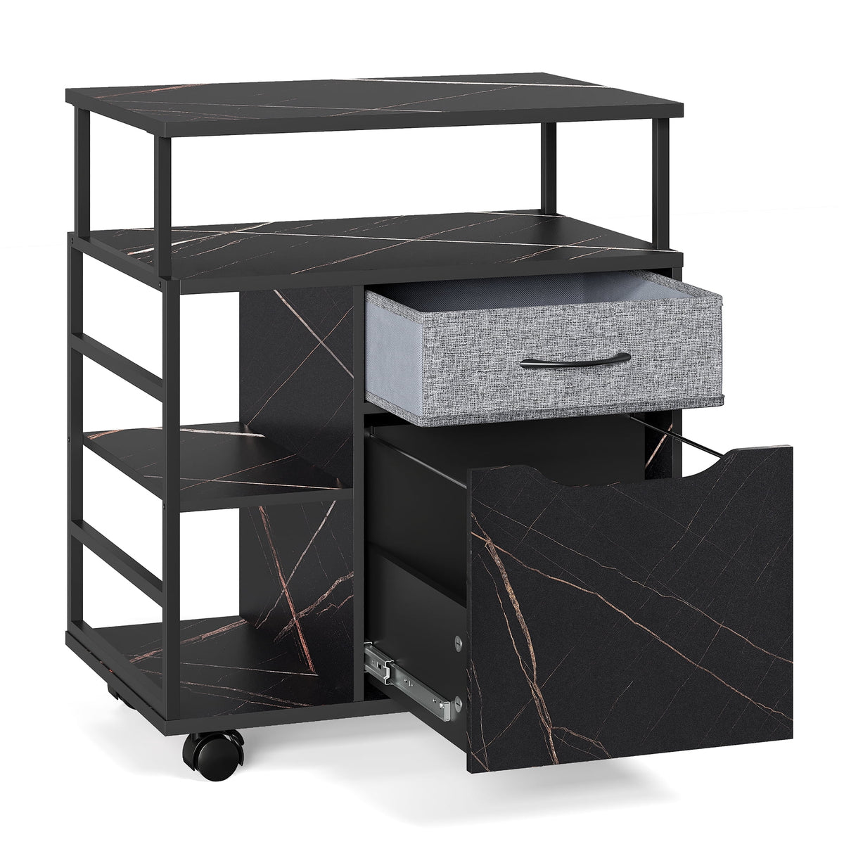 Black Marbled Mobile Office Storage Cabinet with Sliding Filing Drawers C13112