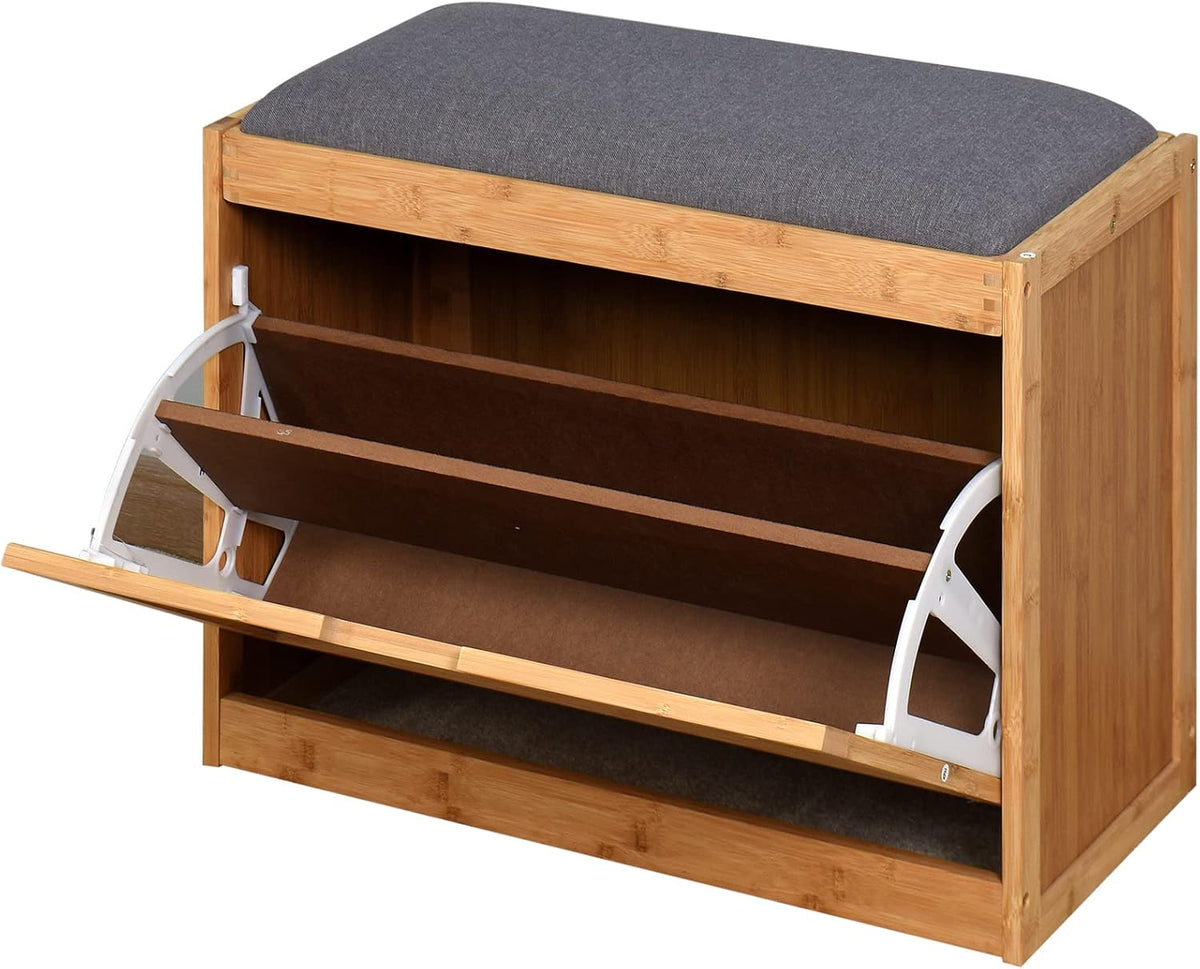 3 Tier Bamboo Shoe Storage Bench with Padded Seat Cushion E829