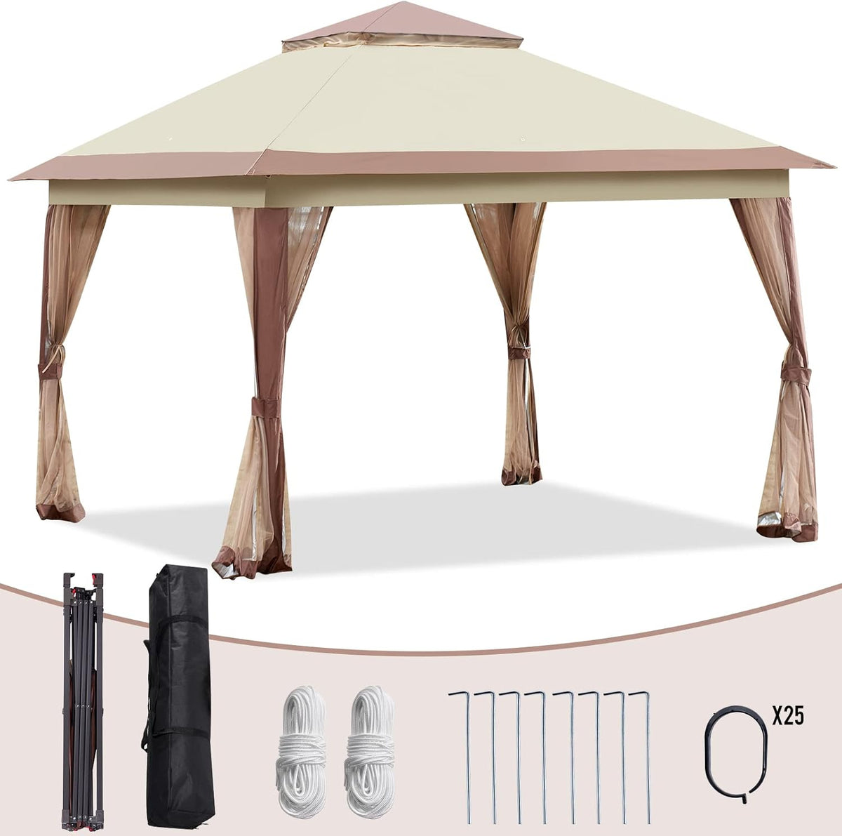 11’ X 11’ Pop Up Canopy Tent with Mosquito Netting, Beige D9130