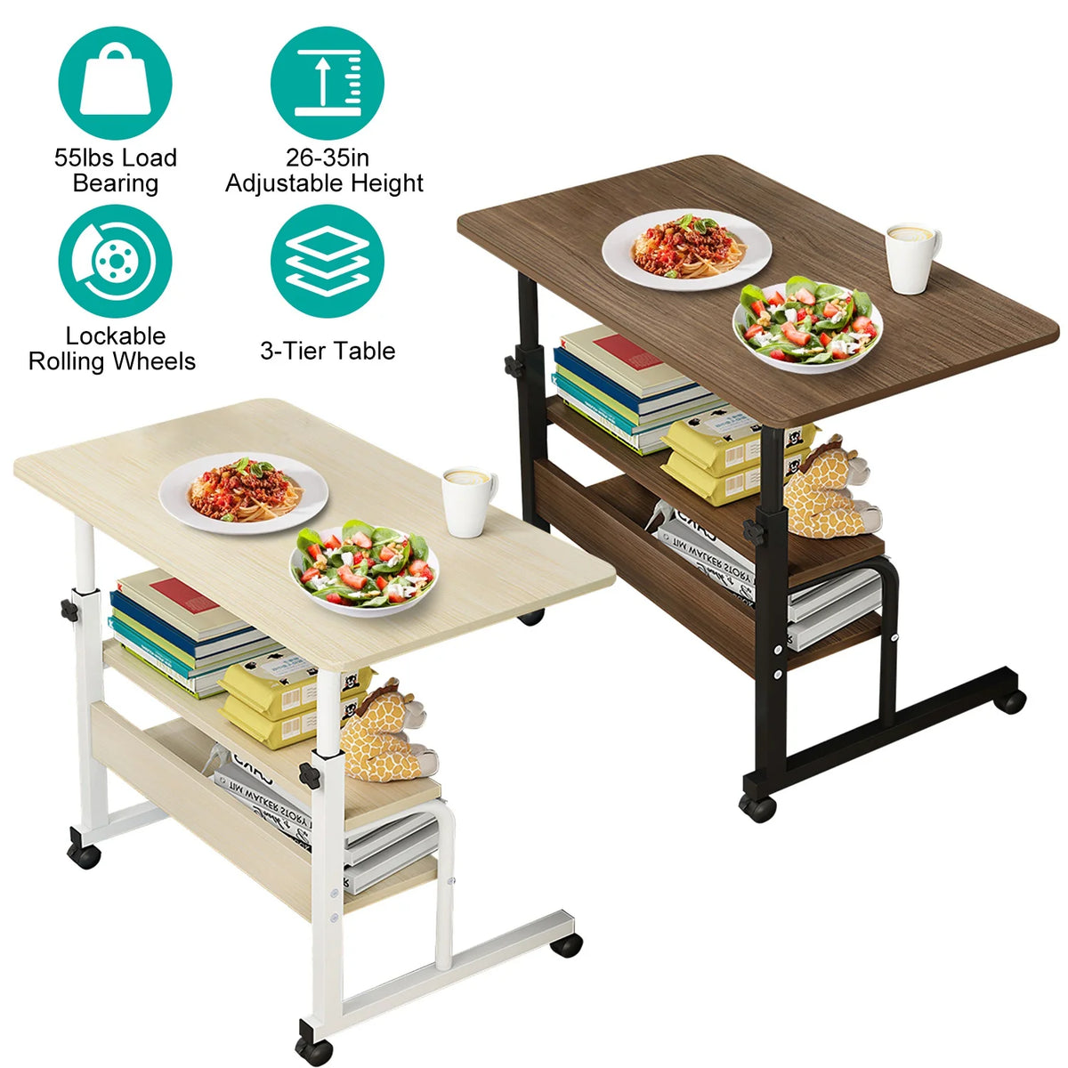 Beige 3-Tier Mobile Laptop Desk with Rolling Wheels C897