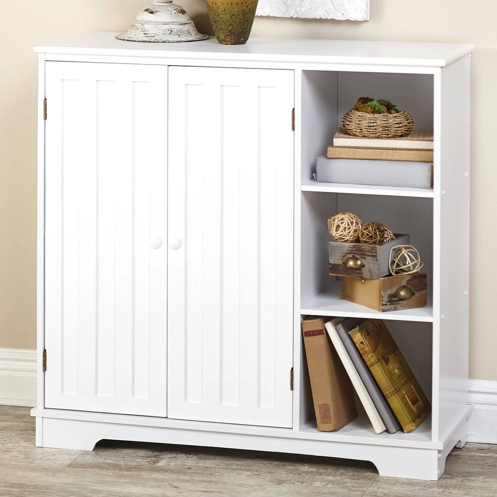White Beadboard Wooden Storage Cabinet U519234