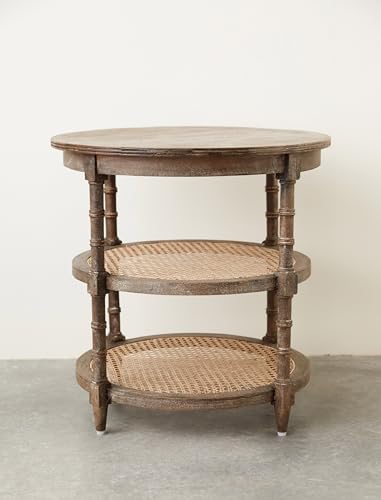 Round Mango Wood Table with 2 Cane Shelves B7615