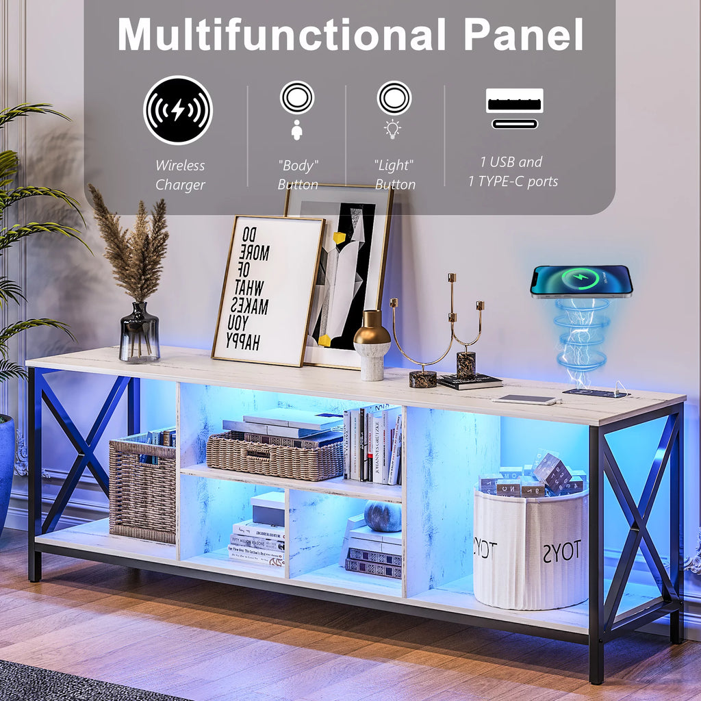 White LED TV Stand with Charging Station and Storage Cabinet E46772