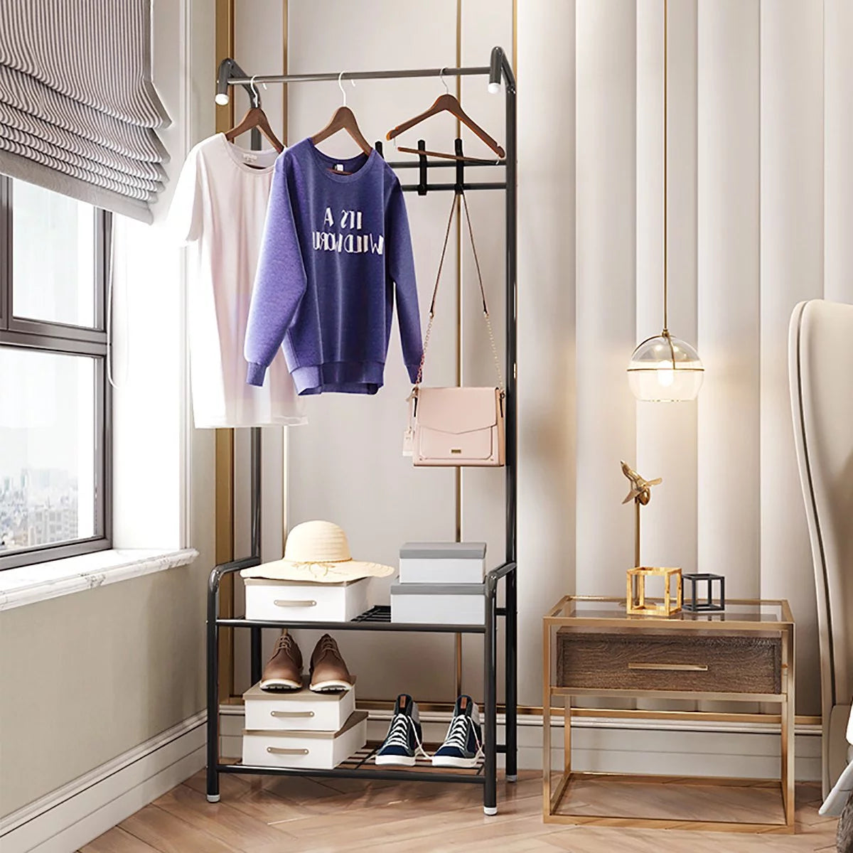 Black Hall Tree with Shoe Storage and 8 Hooks G41421
