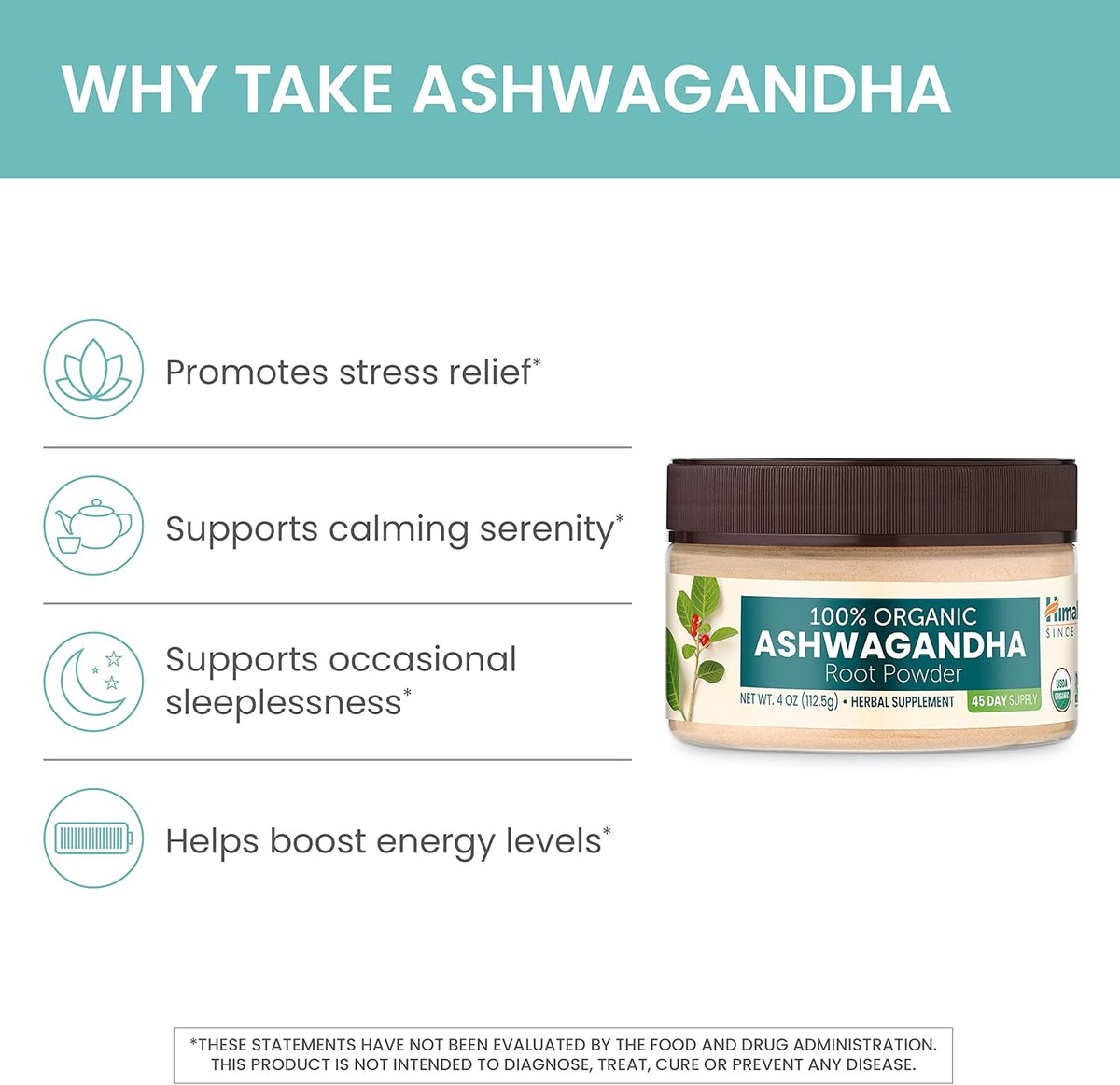 100% USDA Certified Organic Ashwagandha Root Powder Herbal Supplement, 4 Oz C31997