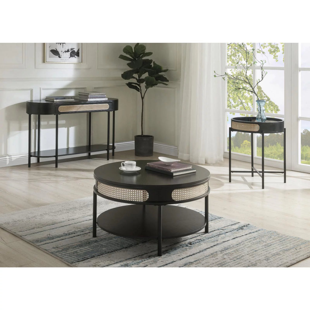 Round Wood Top Coffee Table with Bottom Shelf in Black T408