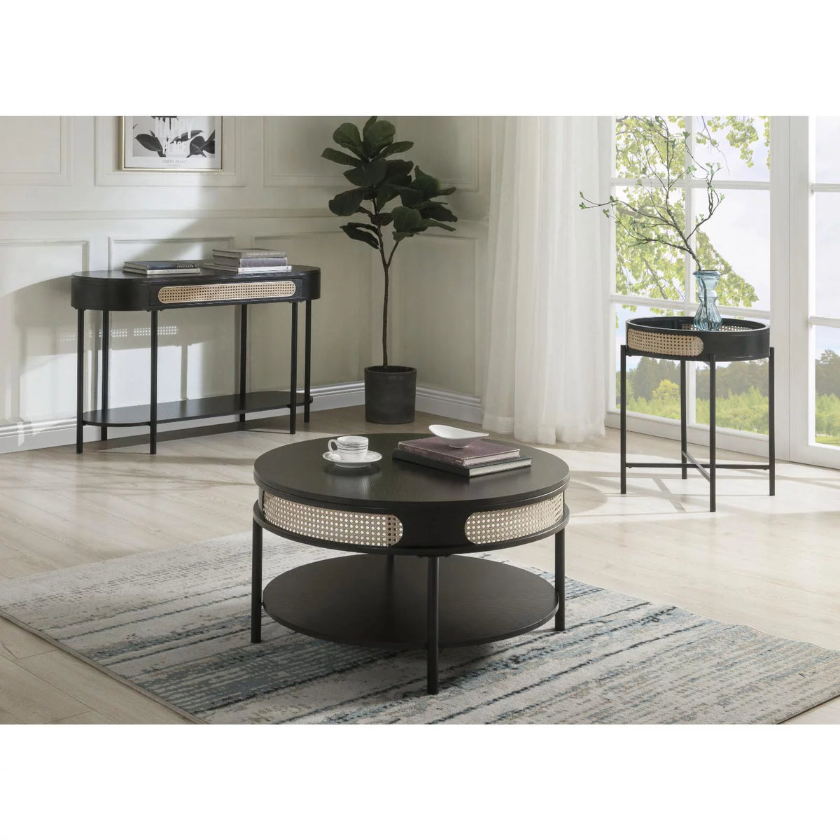 Round Wood Top Coffee Table with Bottom Shelf in Black T408