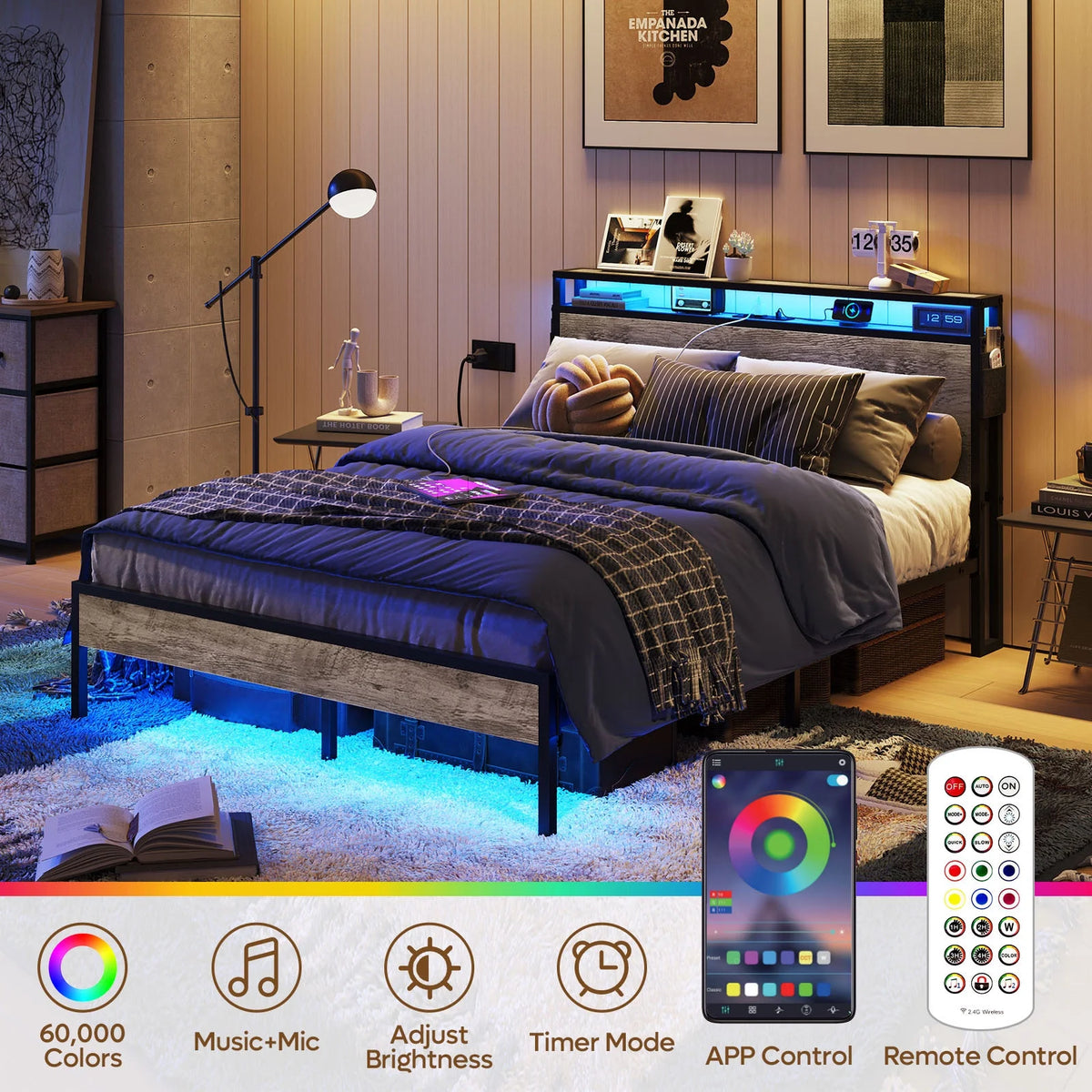 Queen Size Grey Platform Bed with Storage Headboard T7739