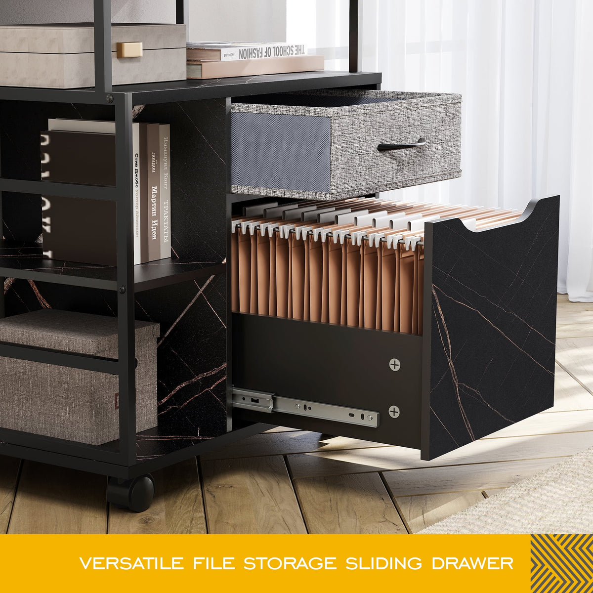 Black Marbled Mobile Office Storage Cabinet with Sliding Filing Drawers C13112