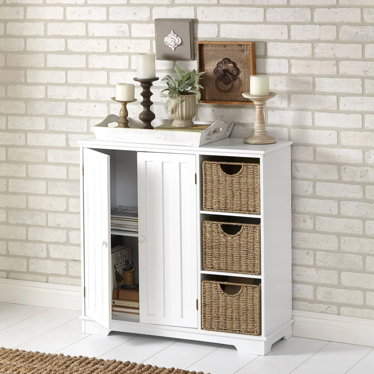 White Beadboard Wooden Storage Cabinet U519234