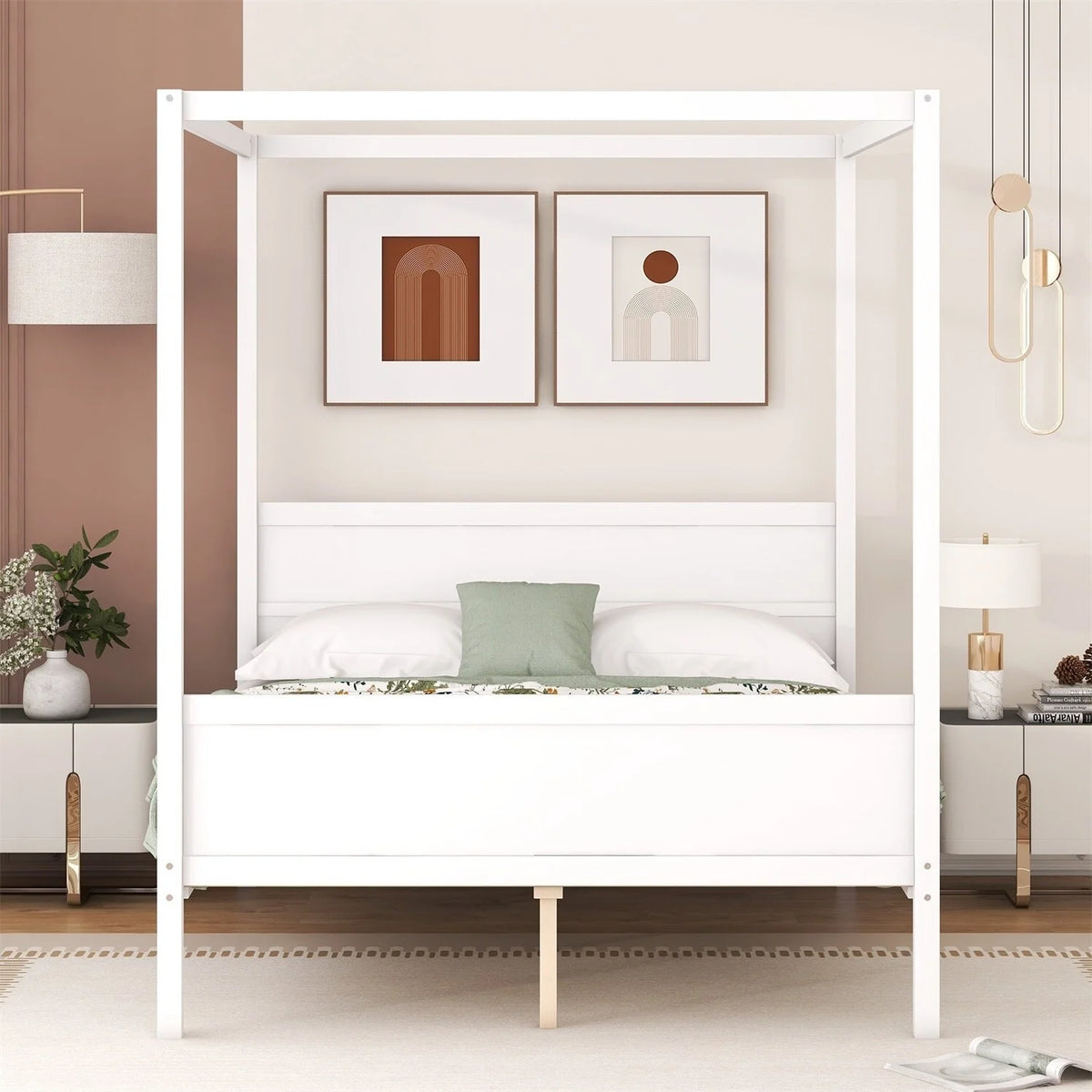 White Queen Size Canopy Platform Bed with Headboard and Footboard R18086