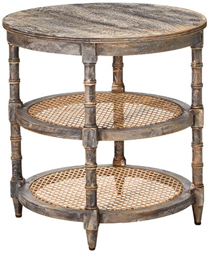 Round Mango Wood Table with 2 Cane Shelves B7615