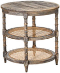 Round Mango Wood Table with 2 Cane Shelves B7615