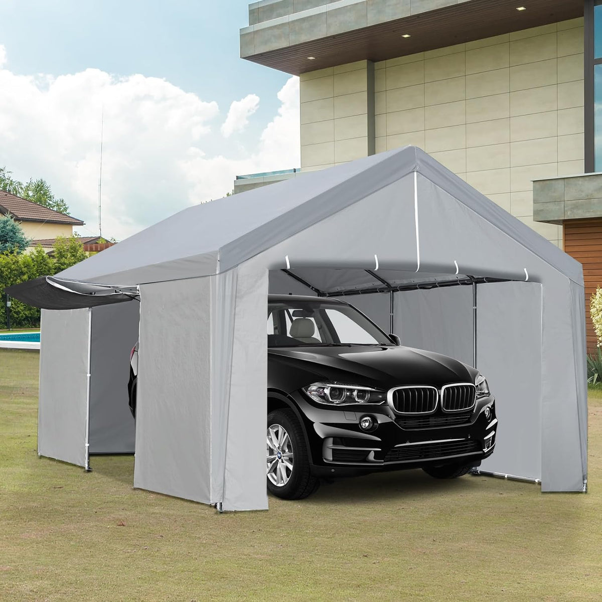 Grey Heavy Duty Metal Frame Carport 13×20 FT with Removable Sidewall & Door E69810