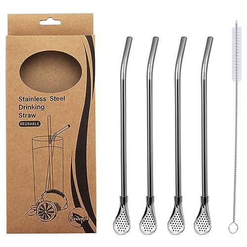 4pcs Stainless Steel Spoon Straws with Cleaning Brush Q92301