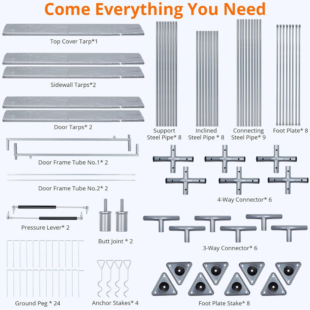 Grey Heavy Duty Metal Frame Carport 13×20 FT with Removable Sidewall & Door E69810