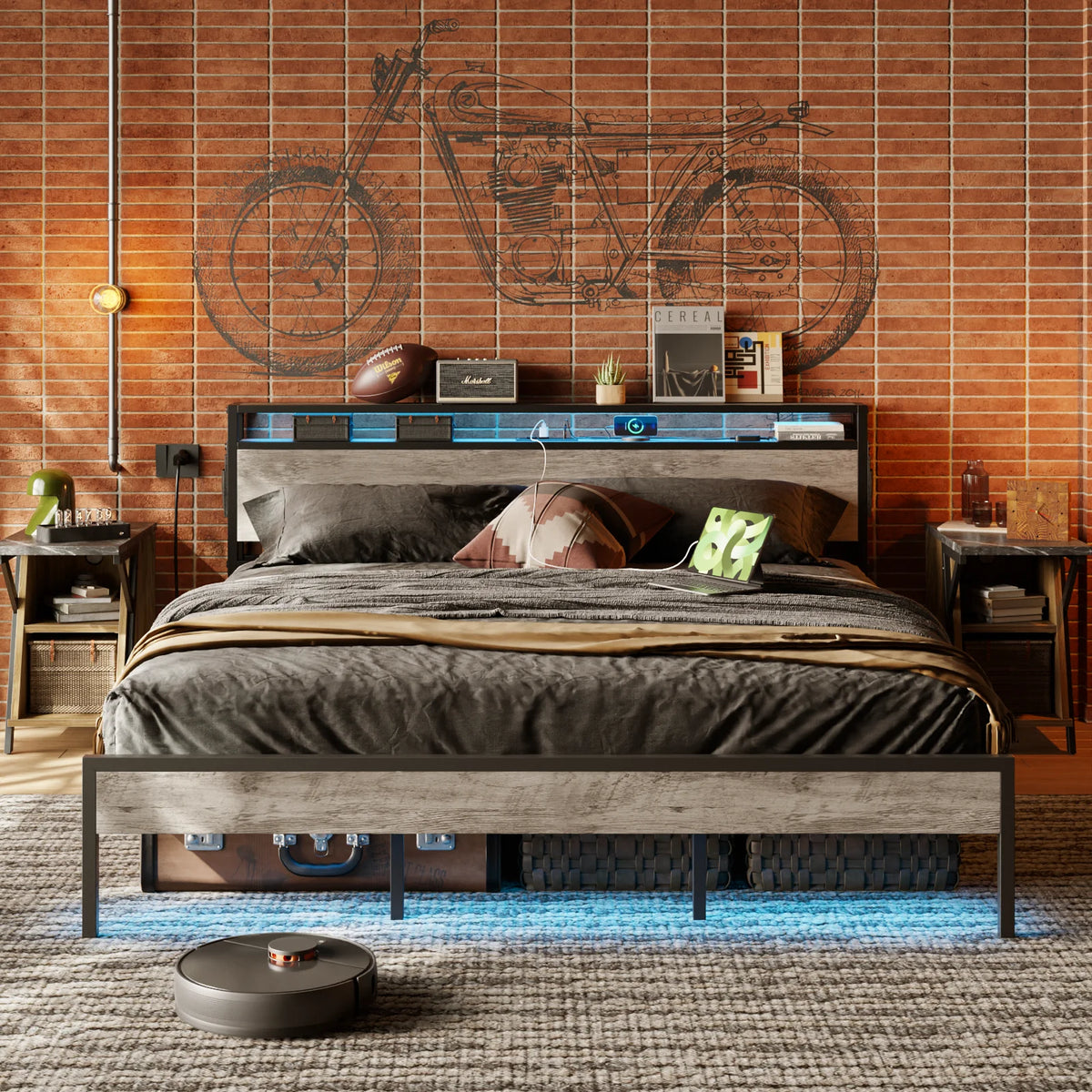 Queen Size Grey Platform Bed with Storage Headboard T7739