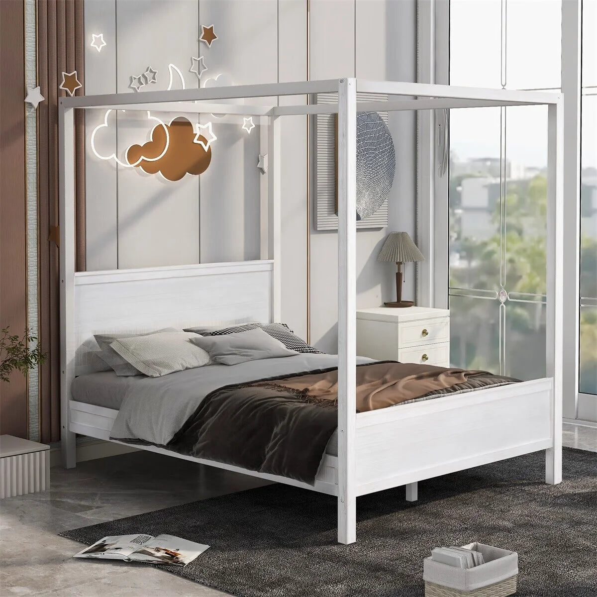 White Queen Size Canopy Platform Bed with Headboard and Footboard R18086
