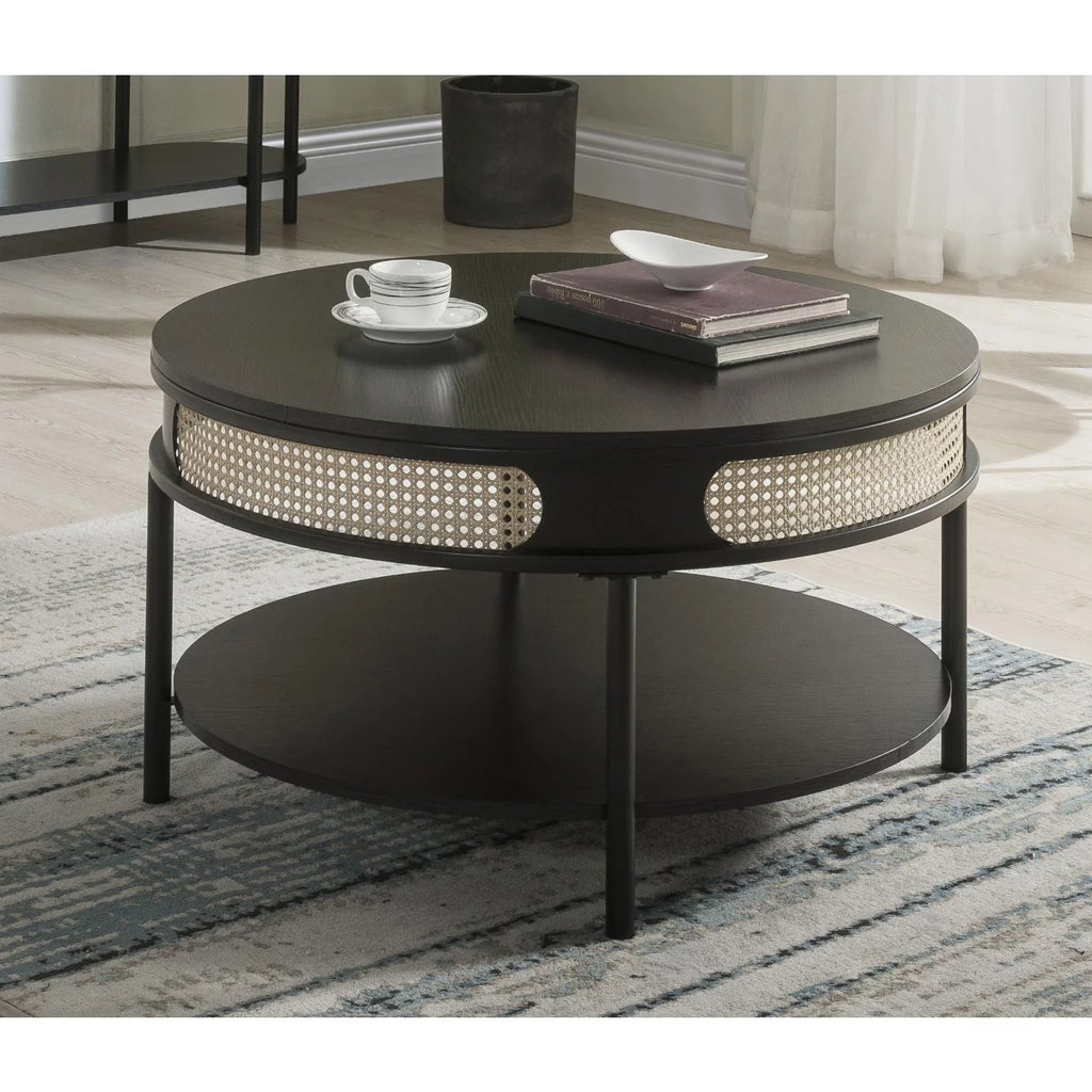 Round Wood Top Coffee Table with Bottom Shelf in Black T408