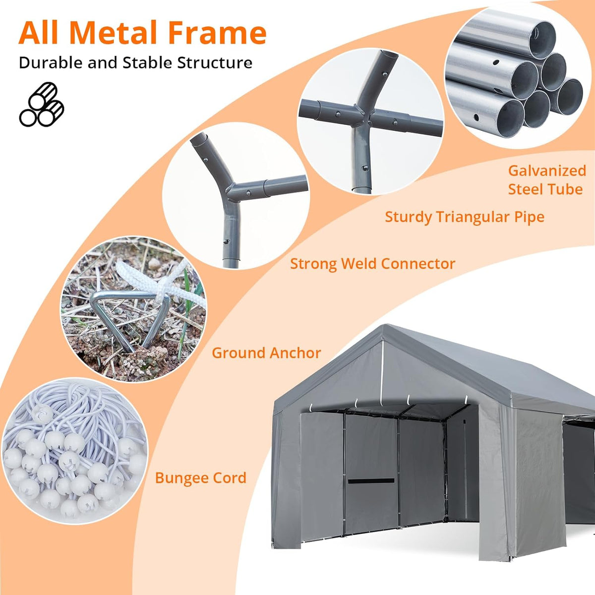 Grey Heavy Duty Metal Frame Carport 13×20 FT with Removable Sidewall & Door E69810