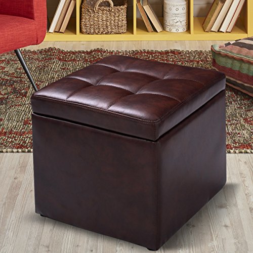 16" Storage Ottoman Cube with Hinged Lid, Flip Top Footstool, PU Leather, Black V320274