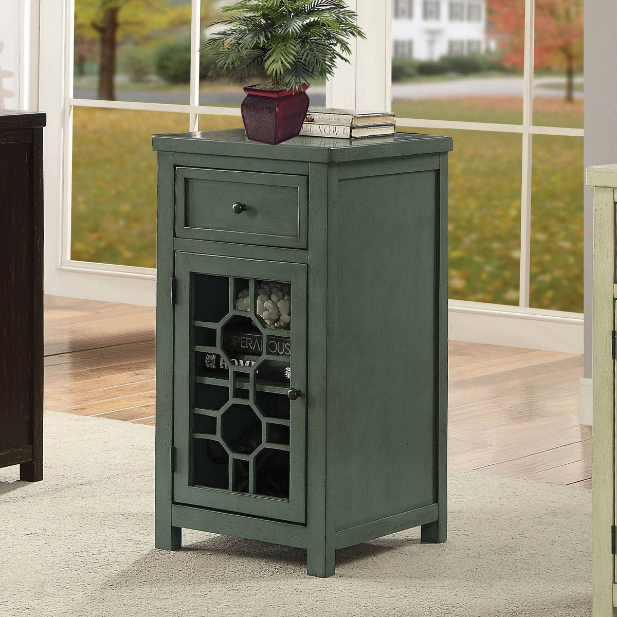 Antique Teal Solid Wood 1-Drawer Side Table D375