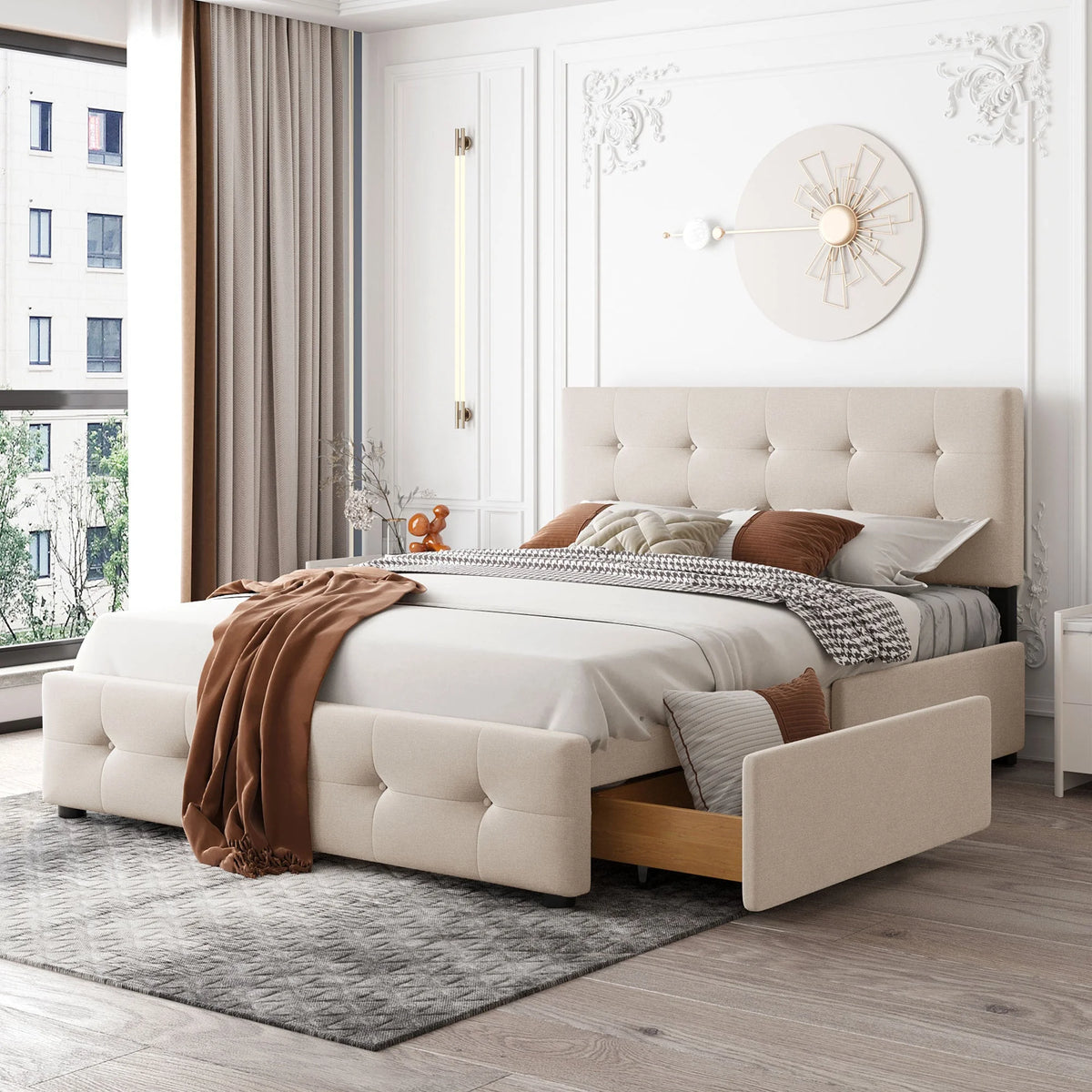 Queen Size Platform Bed with 4 Drawers Beige I8212