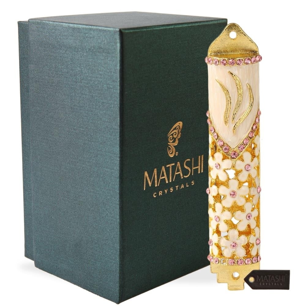 Hand Painted Enamel Mezuzah with Gold Accents and Purple Crystals T755