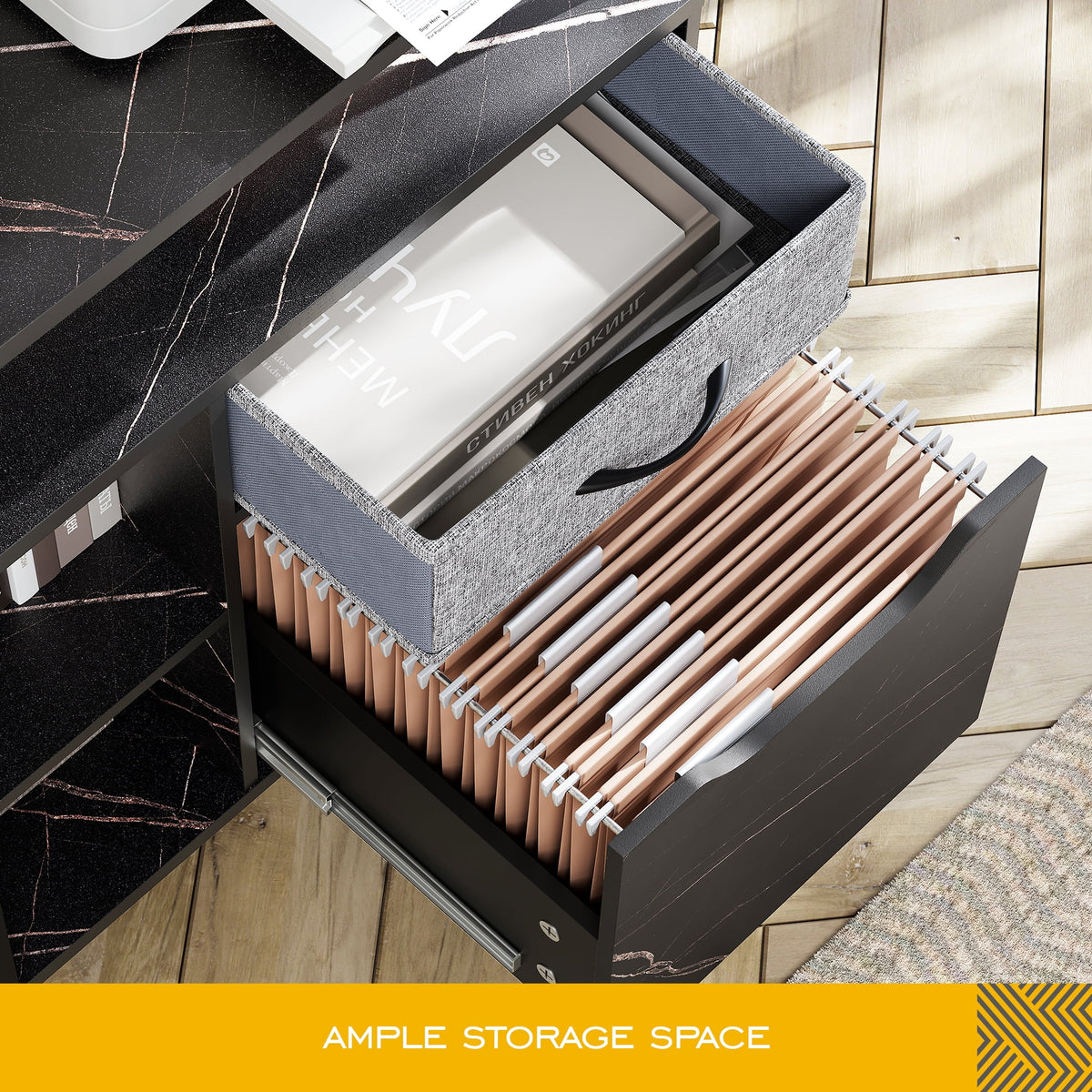 Black Marbled Mobile Office Storage Cabinet with Sliding Filing Drawers C13112