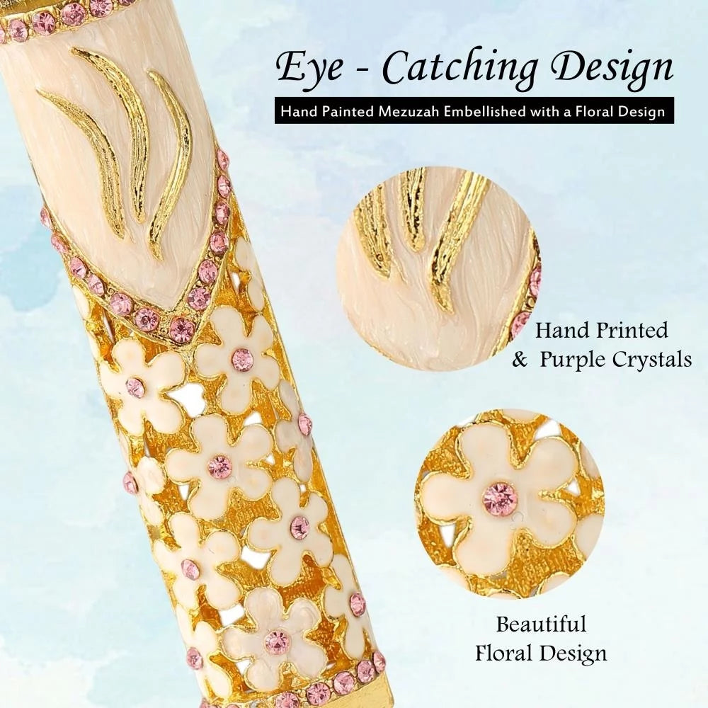Hand Painted Enamel Mezuzah with Gold Accents and Purple Crystals T755