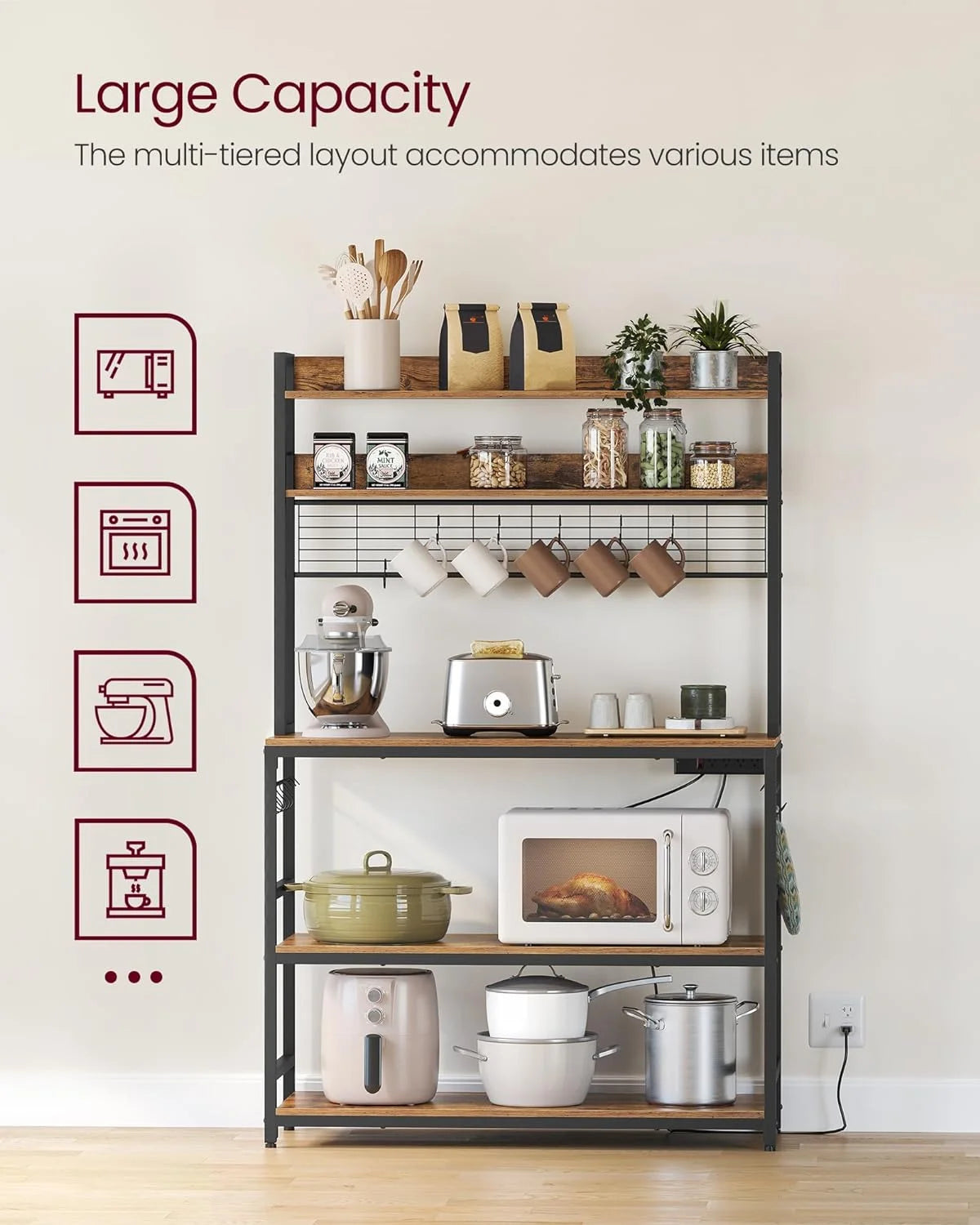 Rustic Brown and Black Kitchen Storage Shelf with Power Outlet L108