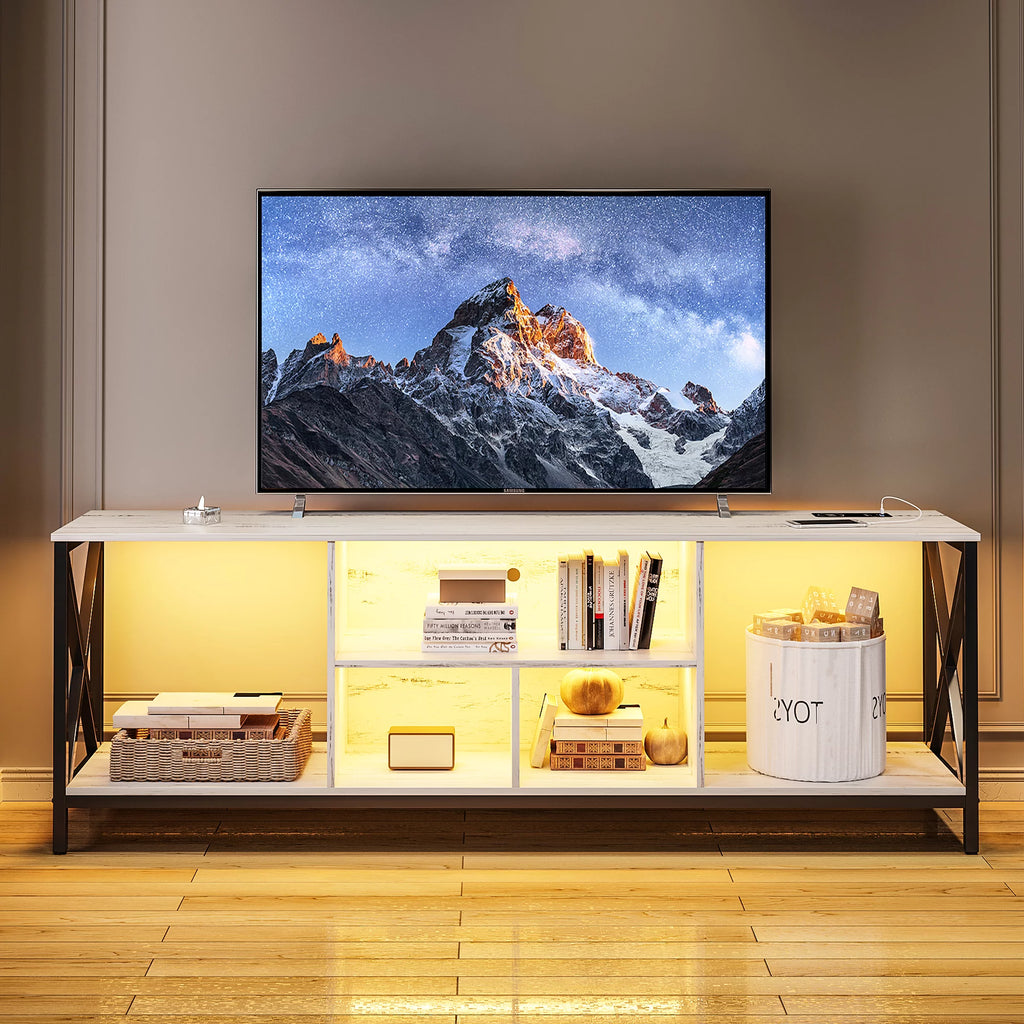 White LED TV Stand with Charging Station and Storage Cabinet E46772