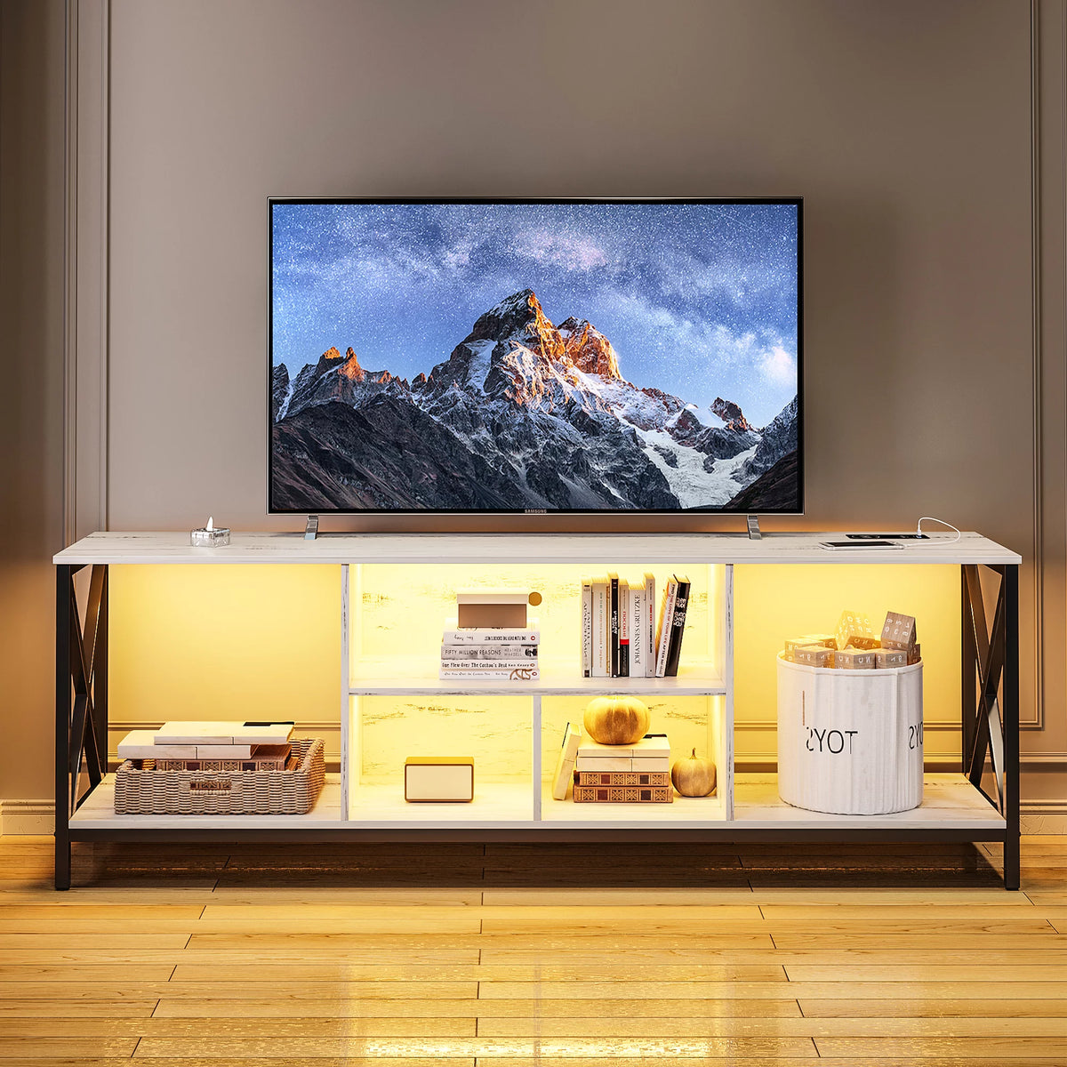 White LED TV Stand with Charging Station and Storage Cabinet E46772