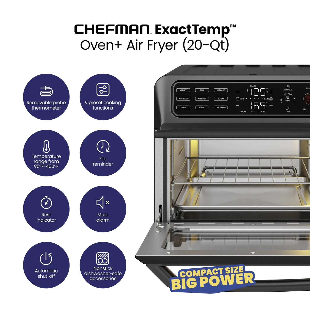 12-in-1 Air Fryer Oven Combo with Probe Thermometer, 20 Qt, Black Stainless Steel U73254