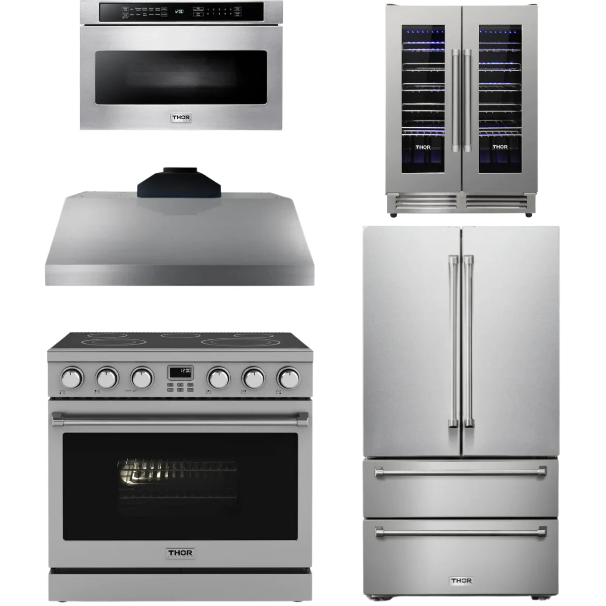 36 Electric Range, Range Hood, Refrigerator, Microwave and Wine Cooler X1389