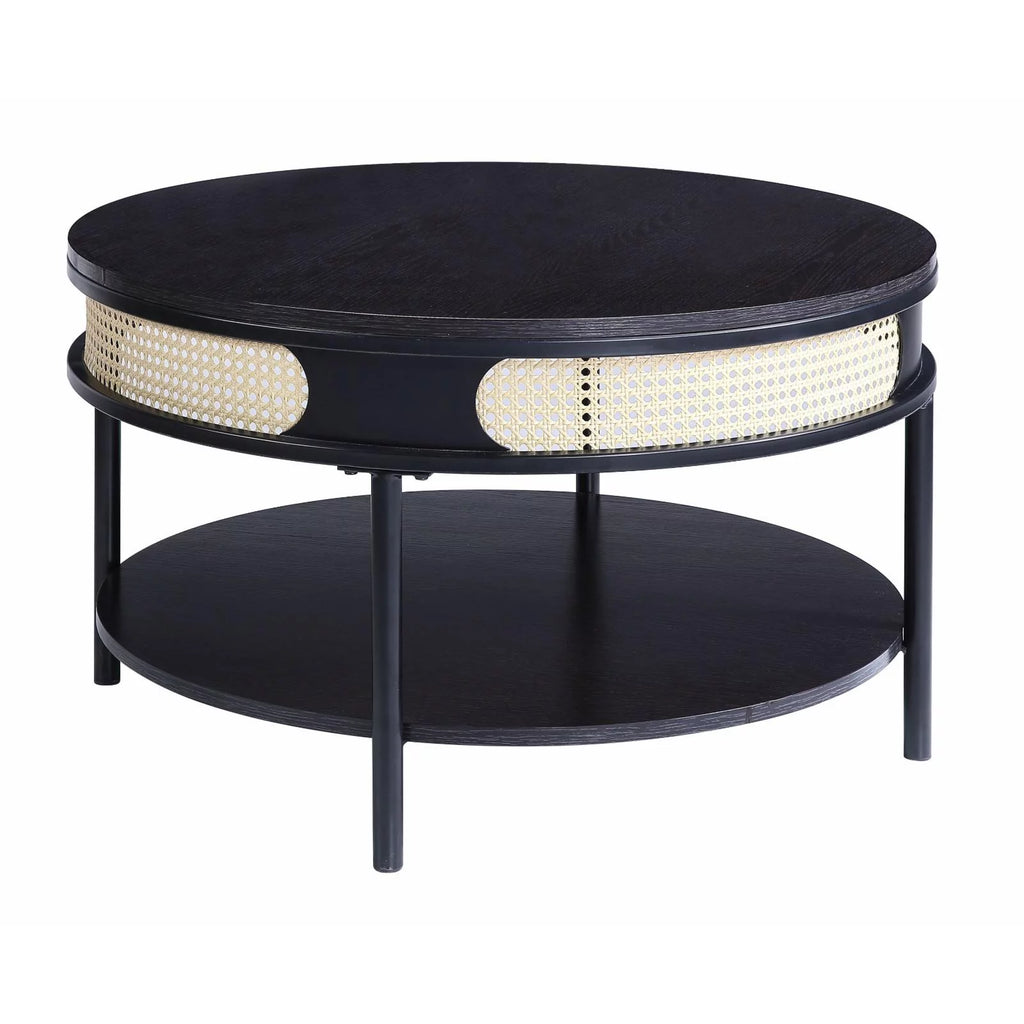 Round Wood Top Coffee Table with Bottom Shelf in Black T408