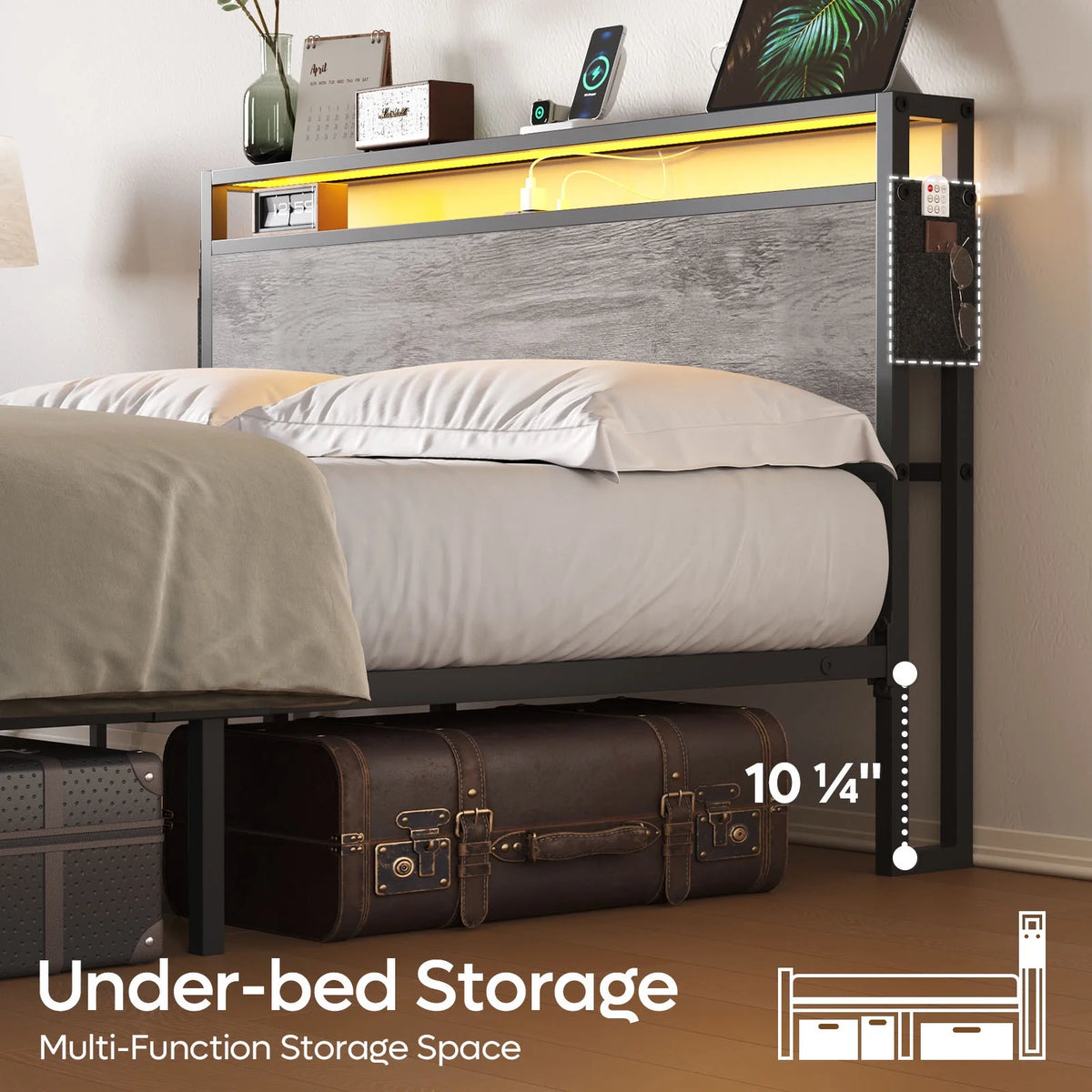 Queen Size Grey Platform Bed with Storage Headboard T7739
