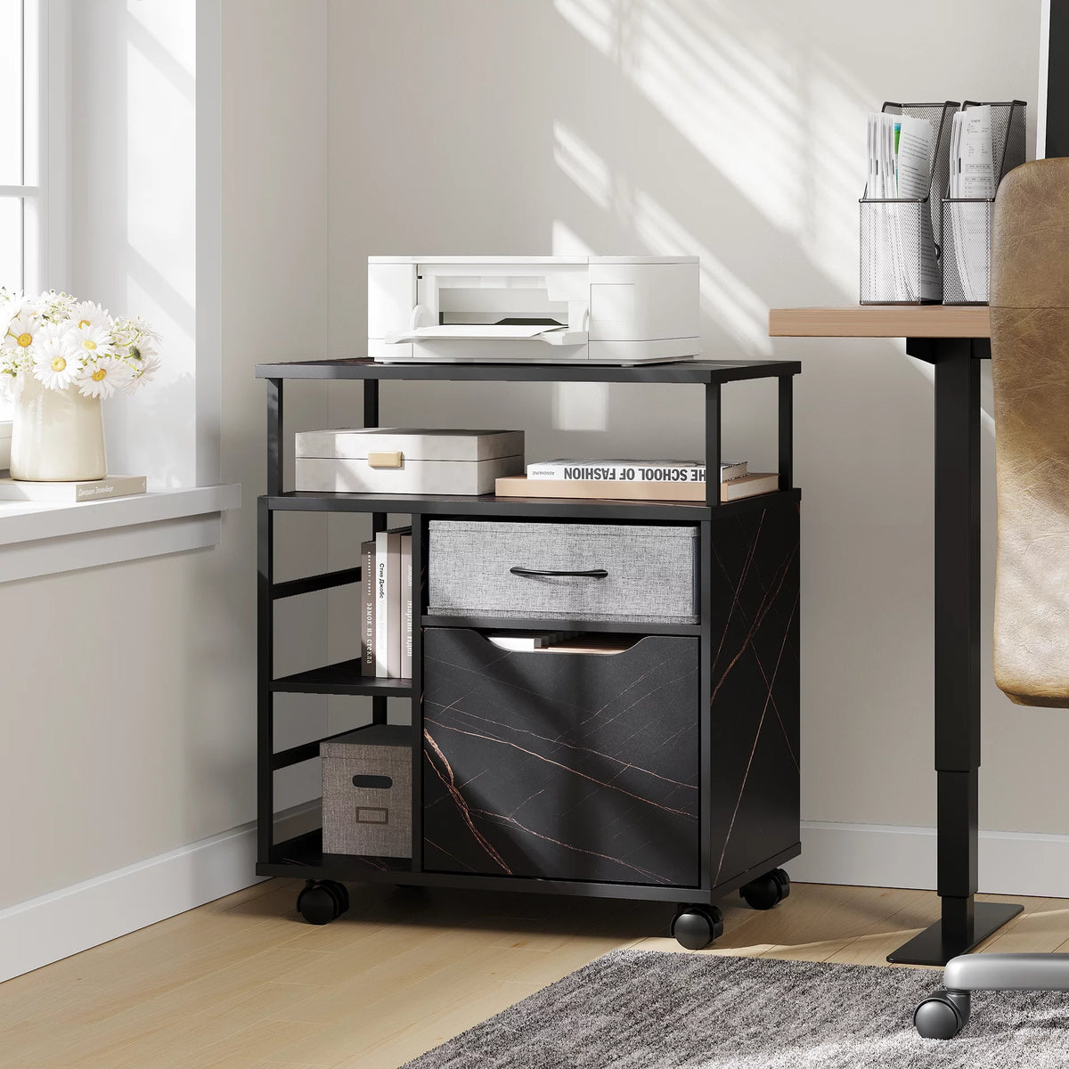 Black Marbled Mobile Office Storage Cabinet with Sliding Filing Drawers C13112