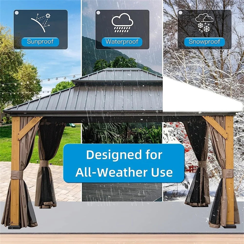 12'x14' Outdoor Wood Frame Hardtop Gazebo with Galvanized Steel Double Roof M914