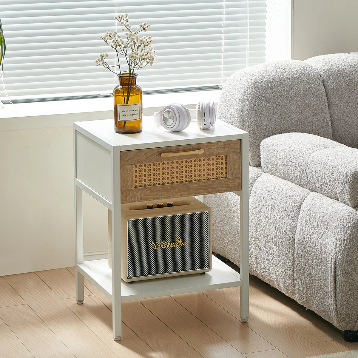 15.74" White Rattan Nightstand with Drawer V653