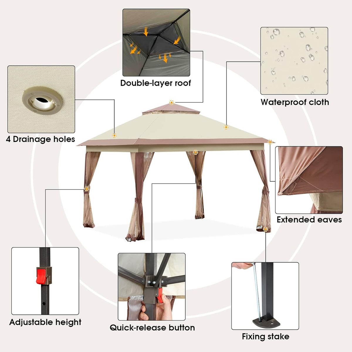11’ X 11’ Pop Up Canopy Tent with Mosquito Netting, Beige D9130
