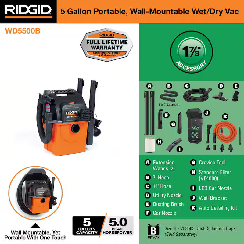 5 Gal. Portable Wet/Dry Shop Vacuum with Car Cleaning Kit C1711