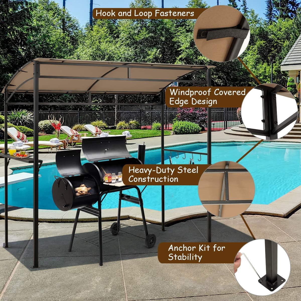 7ft Grill Gazebo with Serving Shelf and Storage Hooks, Steel Frame (Coffee) Q555