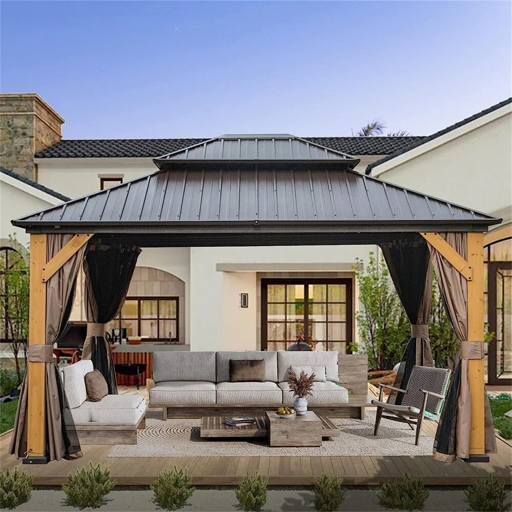 12'x14' Outdoor Wood Frame Hardtop Gazebo with Galvanized Steel Double Roof M914