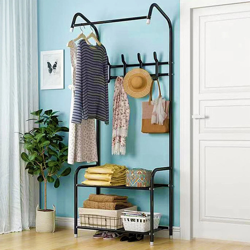 Black Hall Tree with Shoe Storage and 8 Hooks G41421