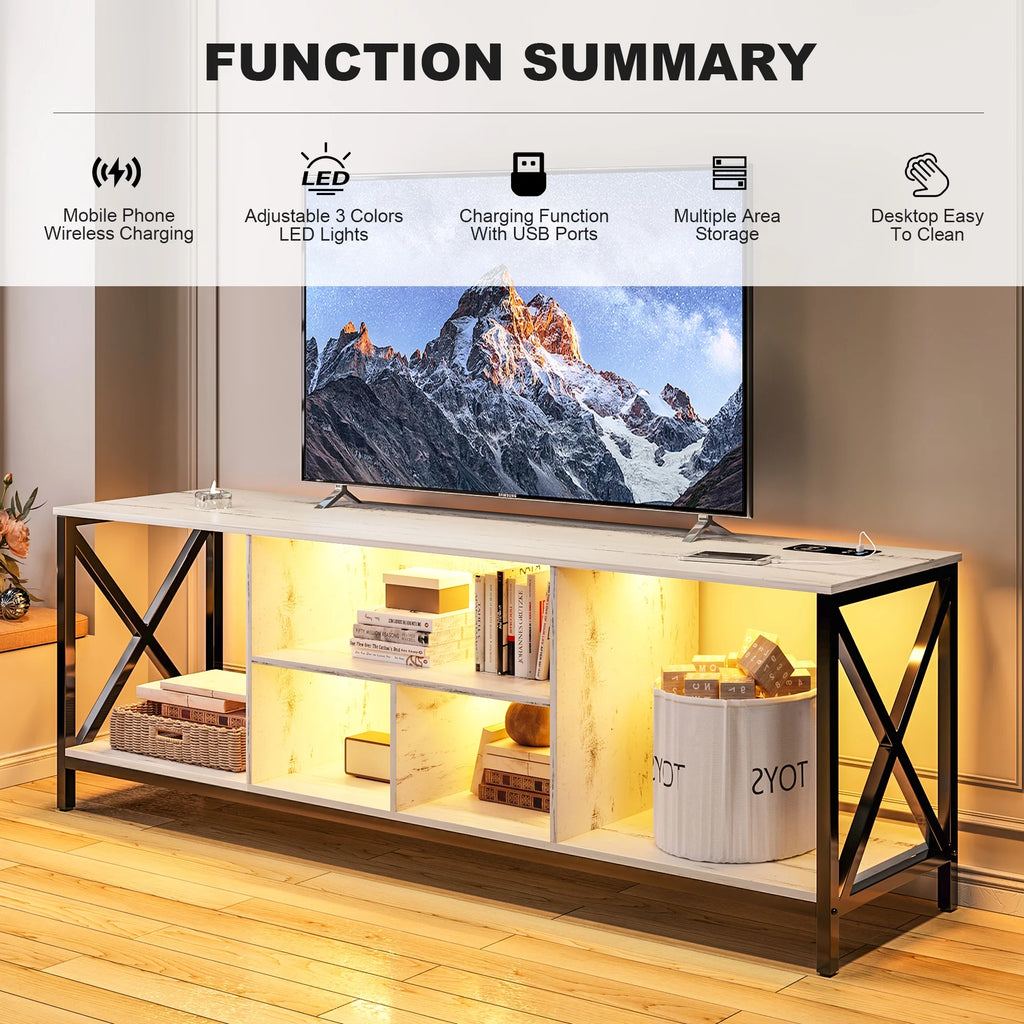 White LED TV Stand with Charging Station and Storage Cabinet E46772