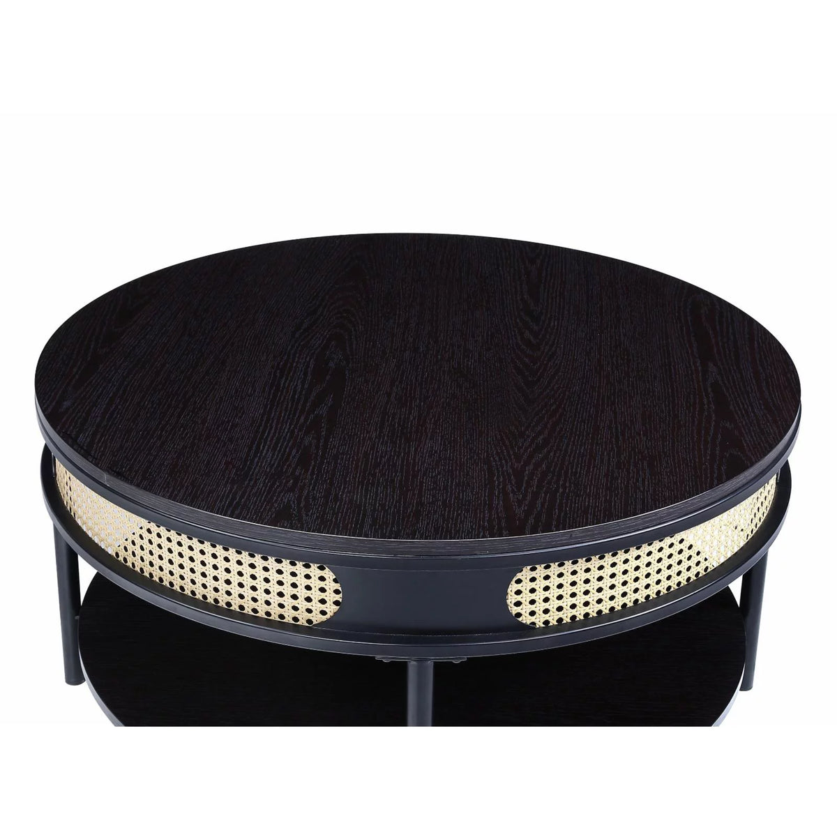 Round Wood Top Coffee Table with Bottom Shelf in Black T408
