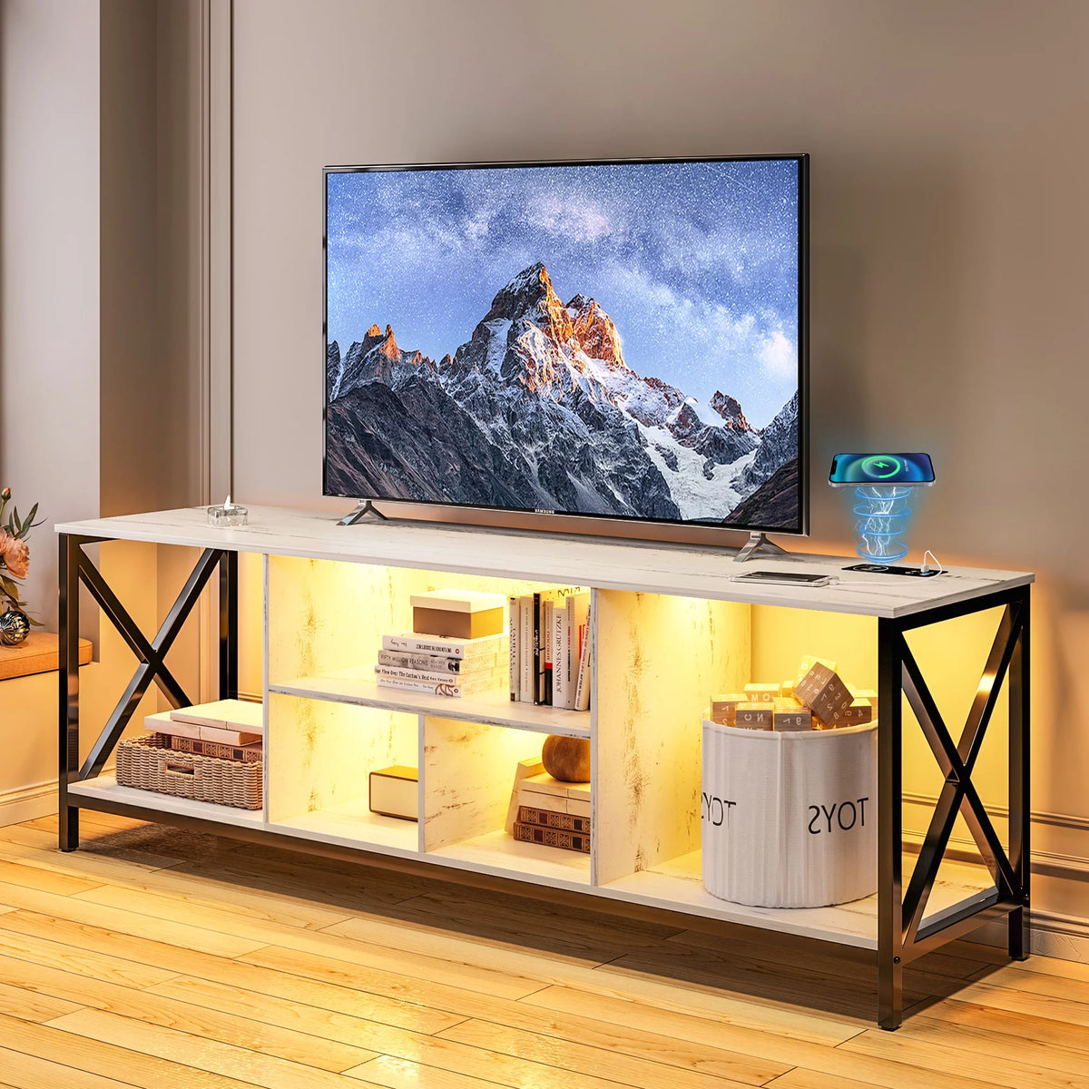 White LED TV Stand with Charging Station and Storage Cabinet E46772