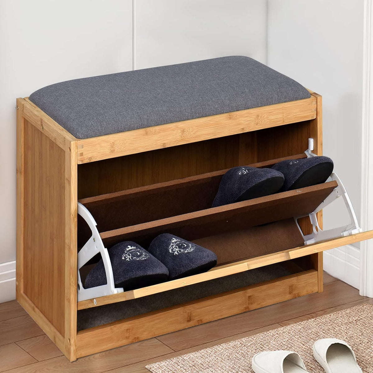 3 Tier Bamboo Shoe Storage Bench with Padded Seat Cushion E829