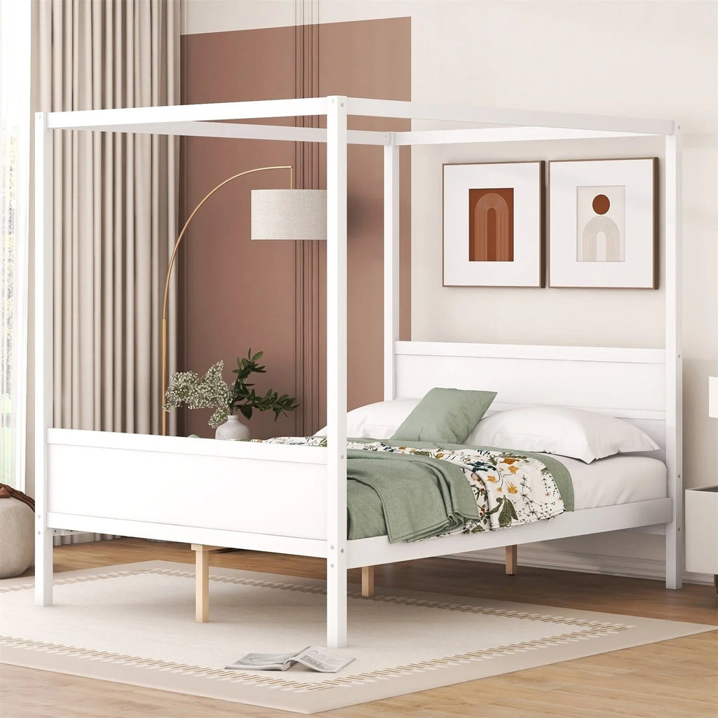 White Queen Size Canopy Platform Bed with Headboard and Footboard R18086